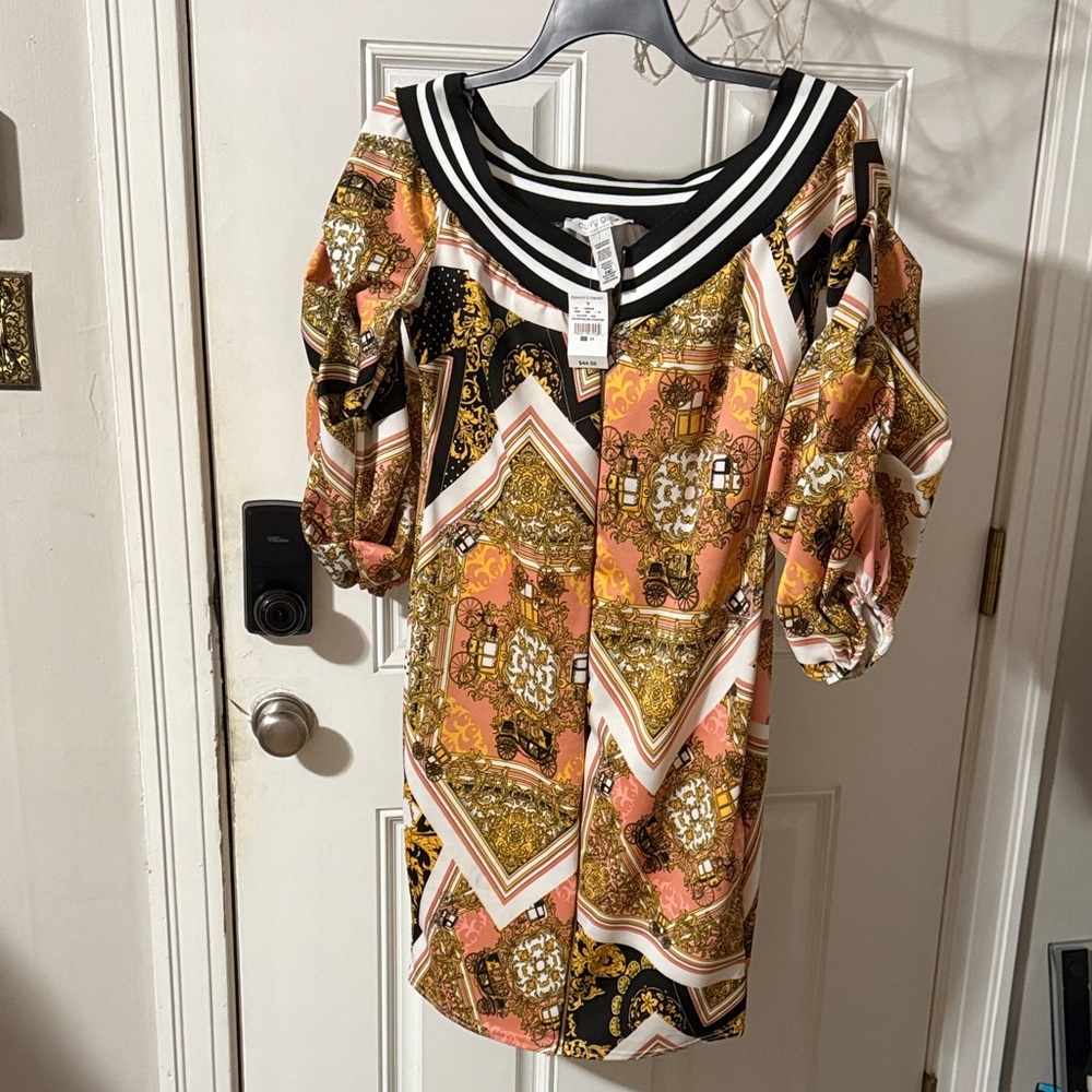 Ashley Stewart Geometric Long Sleeve Dress - Black, Gold, Pink